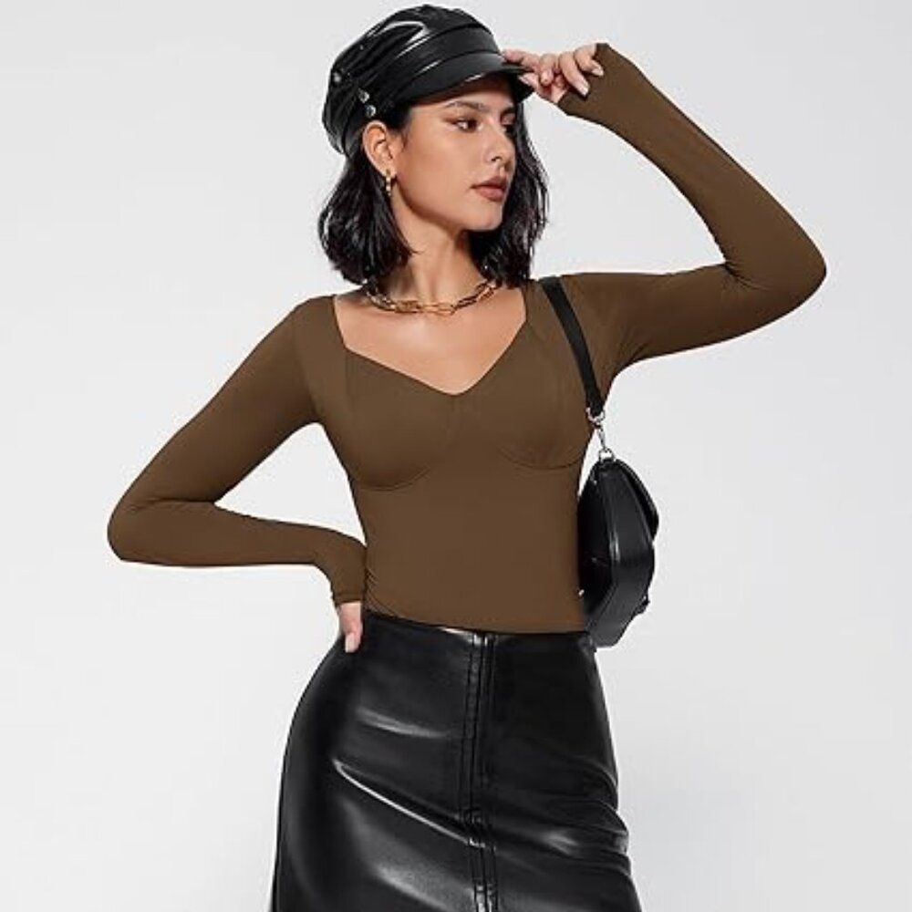 Bodysuit Women Long Sleeve Double Lined Tank Top V Neck Bodysuit Tummy Control